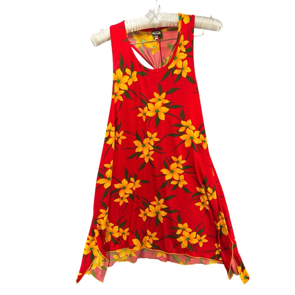 Aloha Fashion Hawaiian Dress Red Yellow Floral Sharkbite Hem Cutout Back
